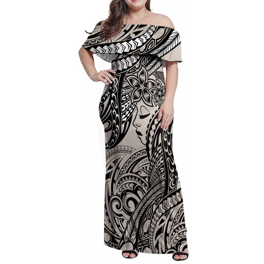 Polynesian Girl Tribal Tattoo Family Matching Off Shoulder Maxi Dress and Hawaiian Shirt Beige Vibe LT9 Mom's Dress Beige - Polynesian Pride