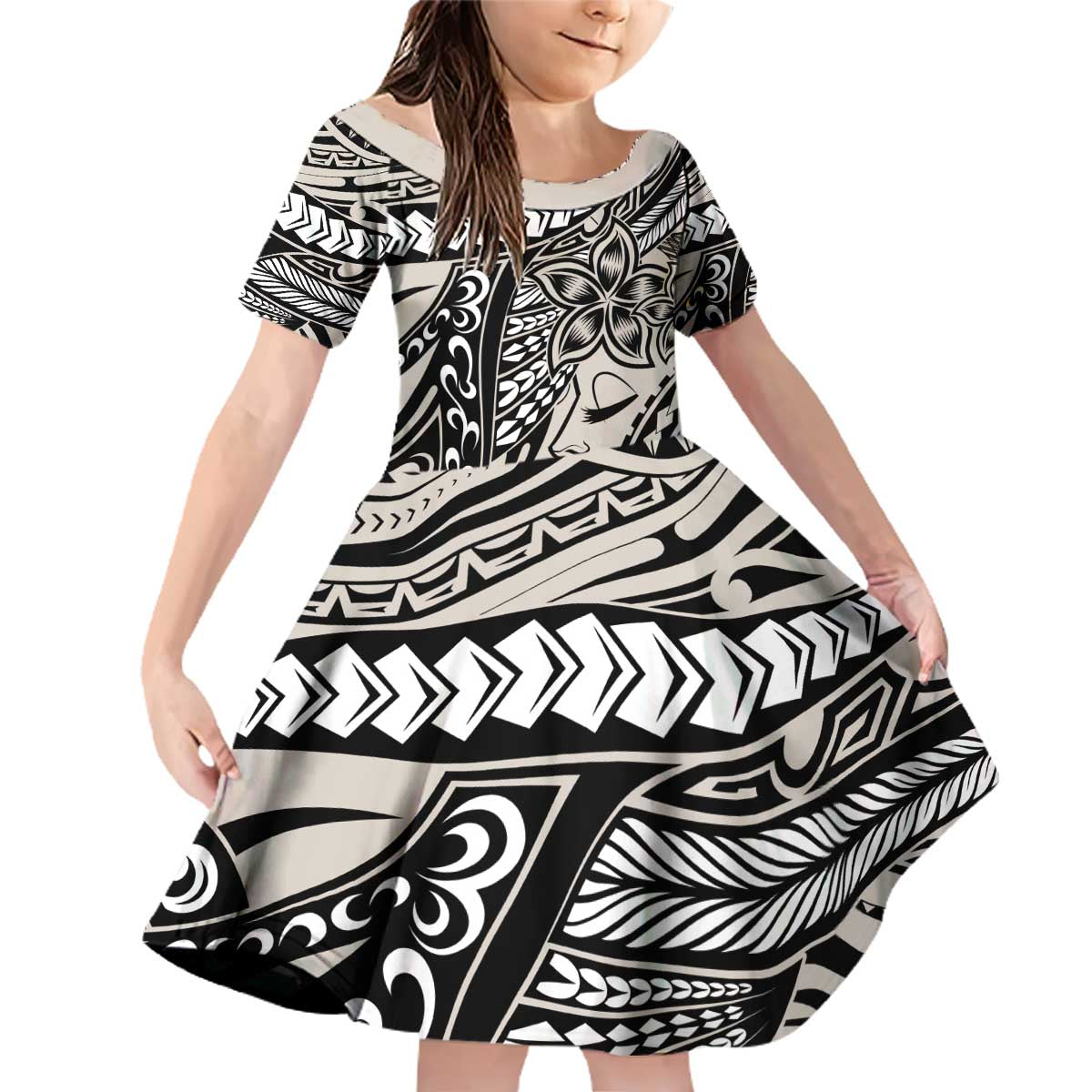 Polynesian Girl Tribal Tattoo Family Matching Off Shoulder Short Dress and Hawaiian Shirt Beige Vibe LT9 Daughter's Dress Beige - Polynesian Pride