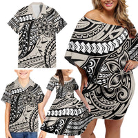 Polynesian Girl Tribal Tattoo Family Matching Off Shoulder Short Dress and Hawaiian Shirt Beige Vibe LT9 - Polynesian Pride