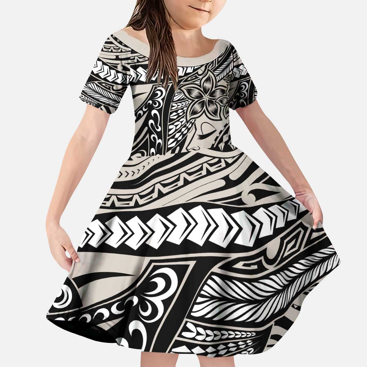 Polynesian Girl Tribal Tattoo Family Matching Puletasi and Hawaiian Shirt Beige Vibe LT9 Daughter's Dress Beige - Polynesian Pride