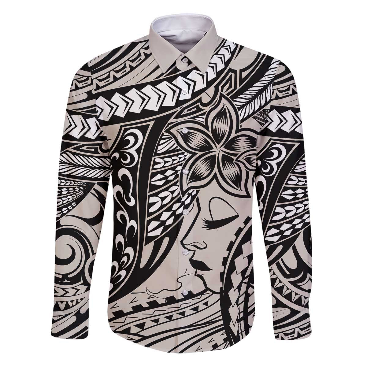 Polynesian Girl Tribal Tattoo Family Matching Puletasi and Hawaiian Shirt Beige Vibe LT9 Dad's Shirt - Long Sleeve Beige - Polynesian Pride