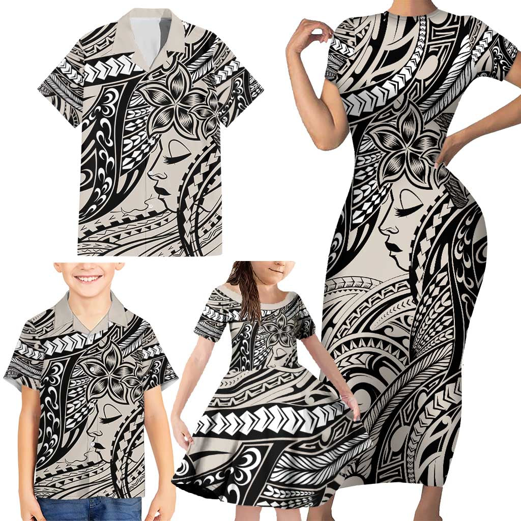 Polynesian Girl Tribal Tattoo Family Matching Short Sleeve Bodycon Dress and Hawaiian Shirt Beige Vibe LT9 - Polynesian Pride