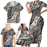 Polynesian Girl Tribal Tattoo Family Matching Short Sleeve Bodycon Dress and Hawaiian Shirt Beige Vibe LT9 - Polynesian Pride