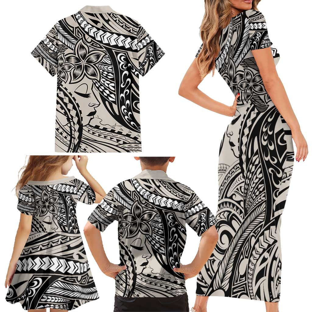 Polynesian Girl Tribal Tattoo Family Matching Short Sleeve Bodycon Dress and Hawaiian Shirt Beige Vibe LT9 - Polynesian Pride