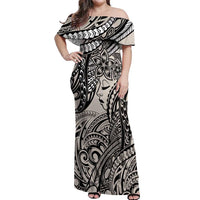 Polynesian Girl Tribal Tattoo Off Shoulder Maxi Dress Beige Vibe