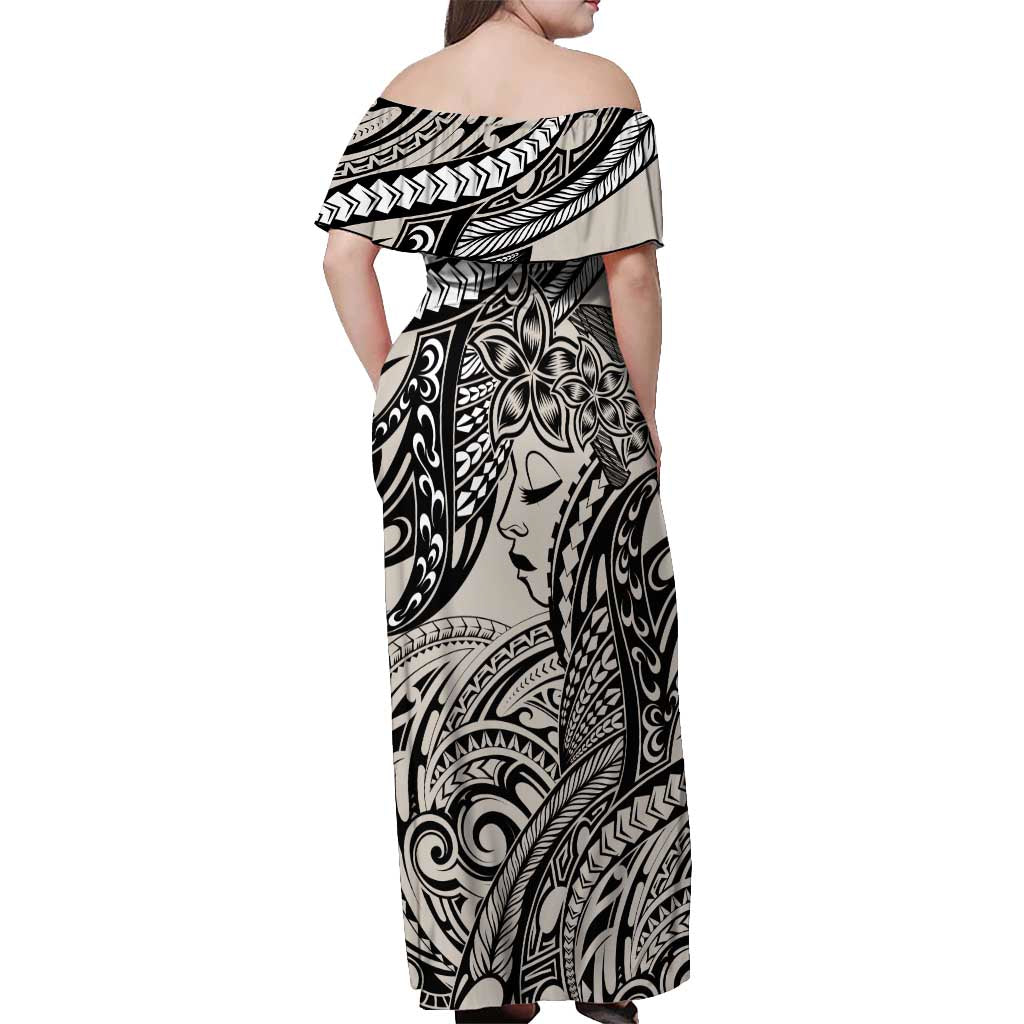 Polynesian Girl Tribal Tattoo Off Shoulder Maxi Dress Beige Vibe