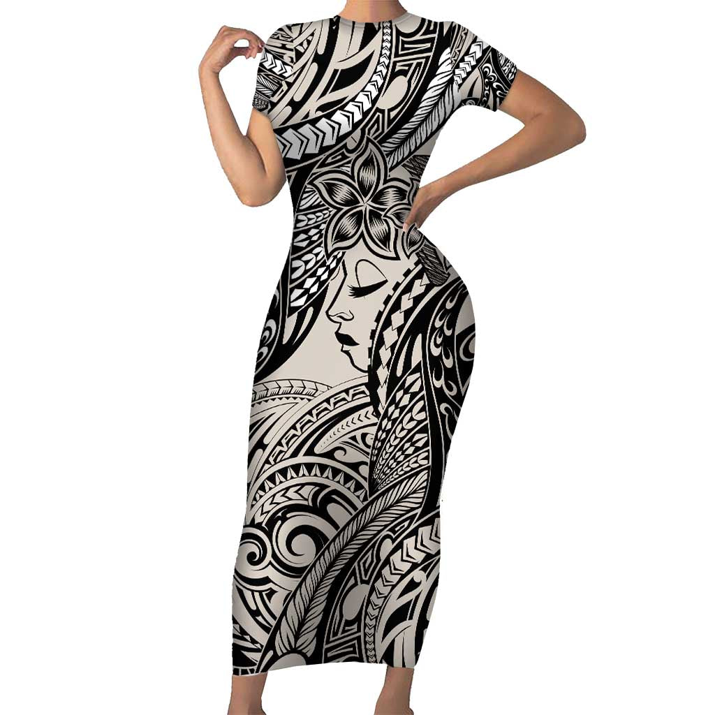 Polynesian Girl Tribal Tattoo Short Sleeve Bodycon Dress Beige Vibe LT9 Long Dress Beige - Polynesian Pride