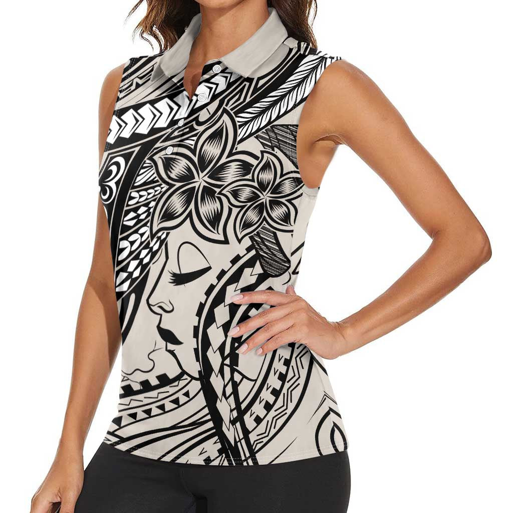 Polynesian Girl Tribal Tattoo Women Sleeveless Polo Shirt Beige Vibe