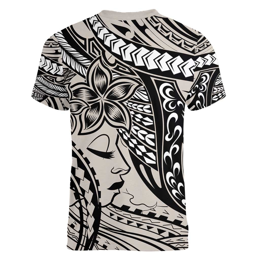 Polynesian Girl Tribal Tattoo Women V-Neck T-Shirt Beige Vibe