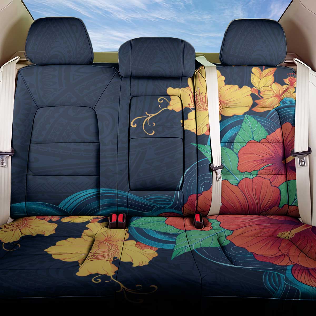 Polynesian Hibiscus Flower Waves Pattern Back Car Seat Cover LT9 One Size Dark Blue - Polynesian Pride