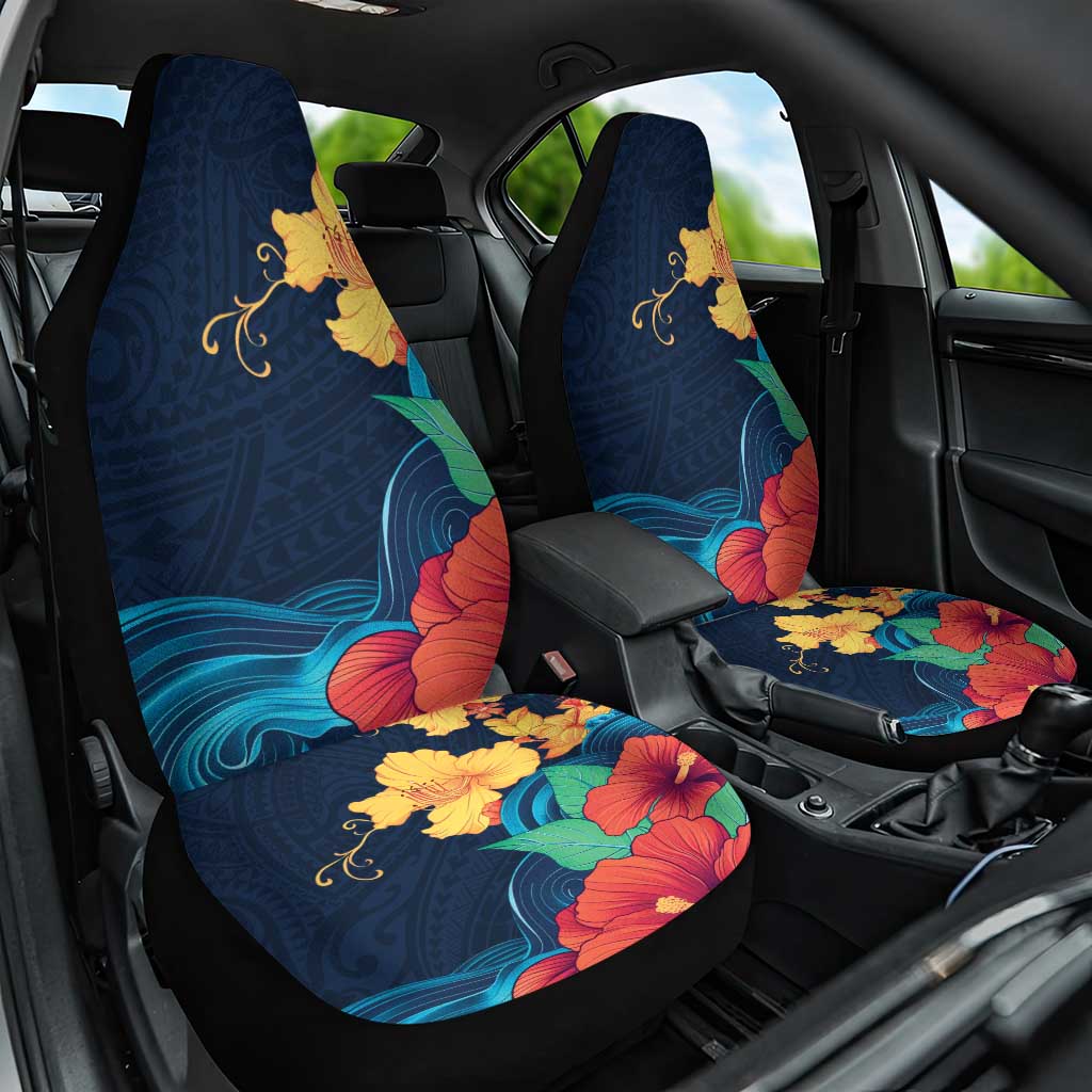 Polynesian Hibiscus Flower Waves Pattern Car Seat Cover LT9 One Size Dark Blue - Polynesian Pride