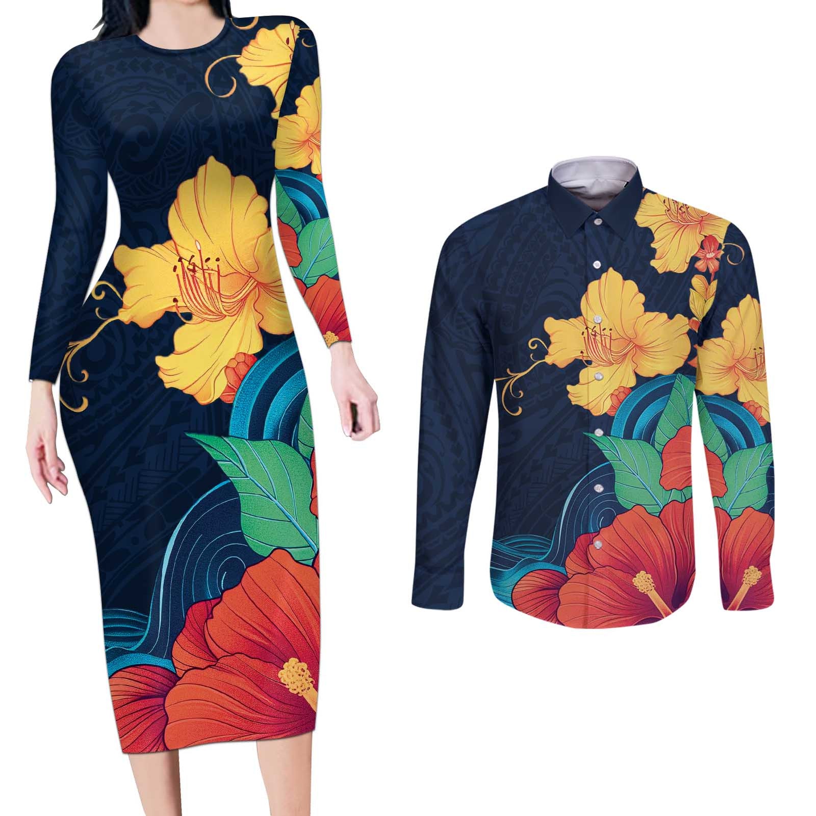 Polynesian Hibiscus Flower Waves Pattern Couples Matching Long Sleeve Bodycon Dress and Long Sleeve Button Shirt