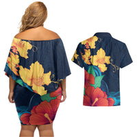 Polynesian Hibiscus Flower Waves Pattern Couples Matching Off Shoulder Short Dress and Hawaiian Shirt