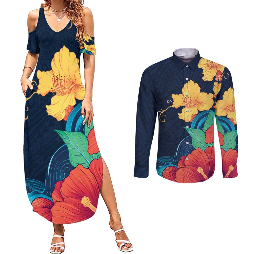 Polynesian Hibiscus Flower Waves Pattern Couples Matching Summer Maxi Dress and Long Sleeve Button Shirt