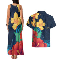 Polynesian Hibiscus Flower Waves Pattern Couples Matching Tank Maxi Dress and Hawaiian Shirt