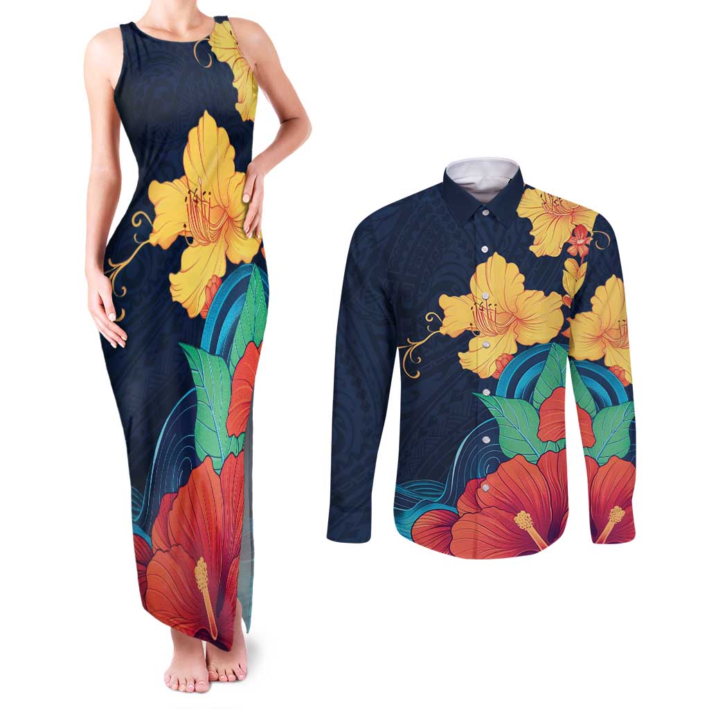 Polynesian Hibiscus Flower Waves Pattern Couples Matching Tank Maxi Dress and Long Sleeve Button Shirt