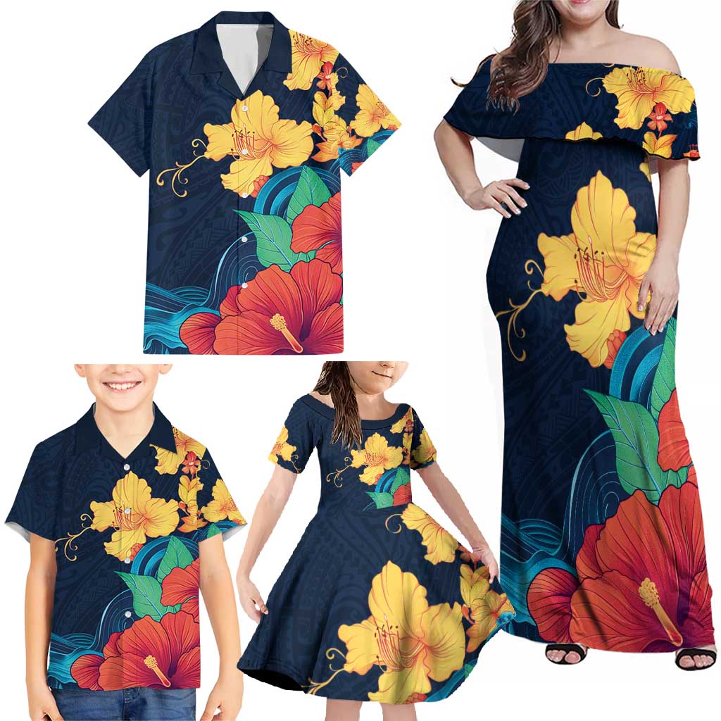 Polynesian Hibiscus Flower Waves Pattern Family Matching Off Shoulder Maxi Dress and Hawaiian Shirt LT9 - Polynesian Pride