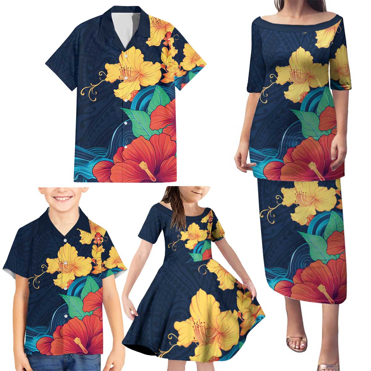 Polynesian Hibiscus Flower Waves Pattern Family Matching Puletasi and Hawaiian Shirt LT9 - Polynesian Pride