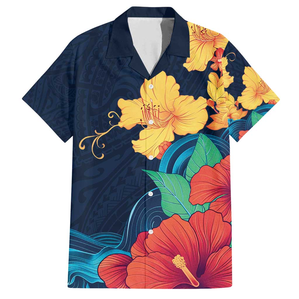 Polynesian Hibiscus Flower Waves Pattern Family Matching Tank Maxi Dress and Hawaiian Shirt
