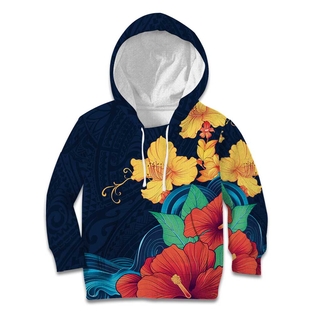 Polynesian Hibiscus Flower Waves Pattern Kid Hoodie LT9 Hoodie Dark Blue - Polynesian Pride