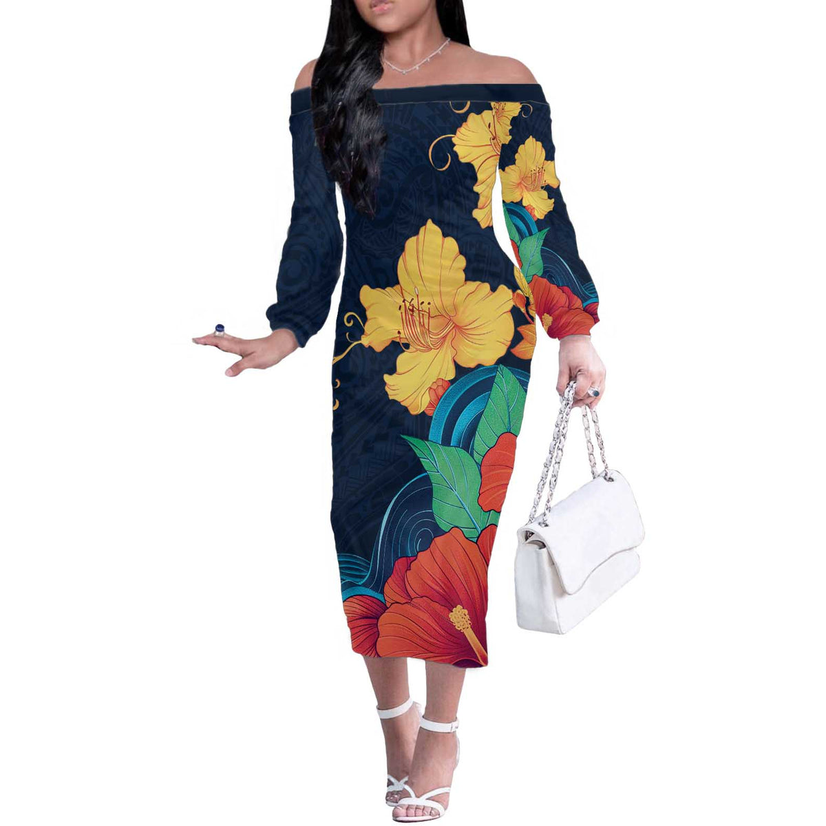 Polynesian Hibiscus Flower Waves Pattern Off The Shoulder Long Sleeve Dress