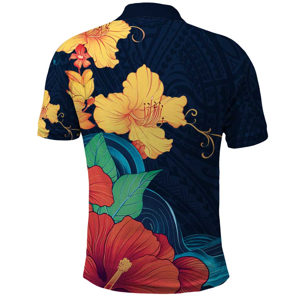 Polynesian Hibiscus Flower Waves Pattern Polo Shirt