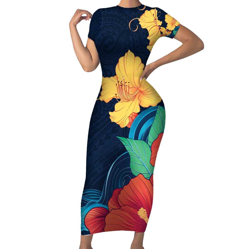 Polynesian Hibiscus Flower Waves Pattern Short Sleeve Bodycon Dress LT9 Long Dress Dark Blue - Polynesian Pride
