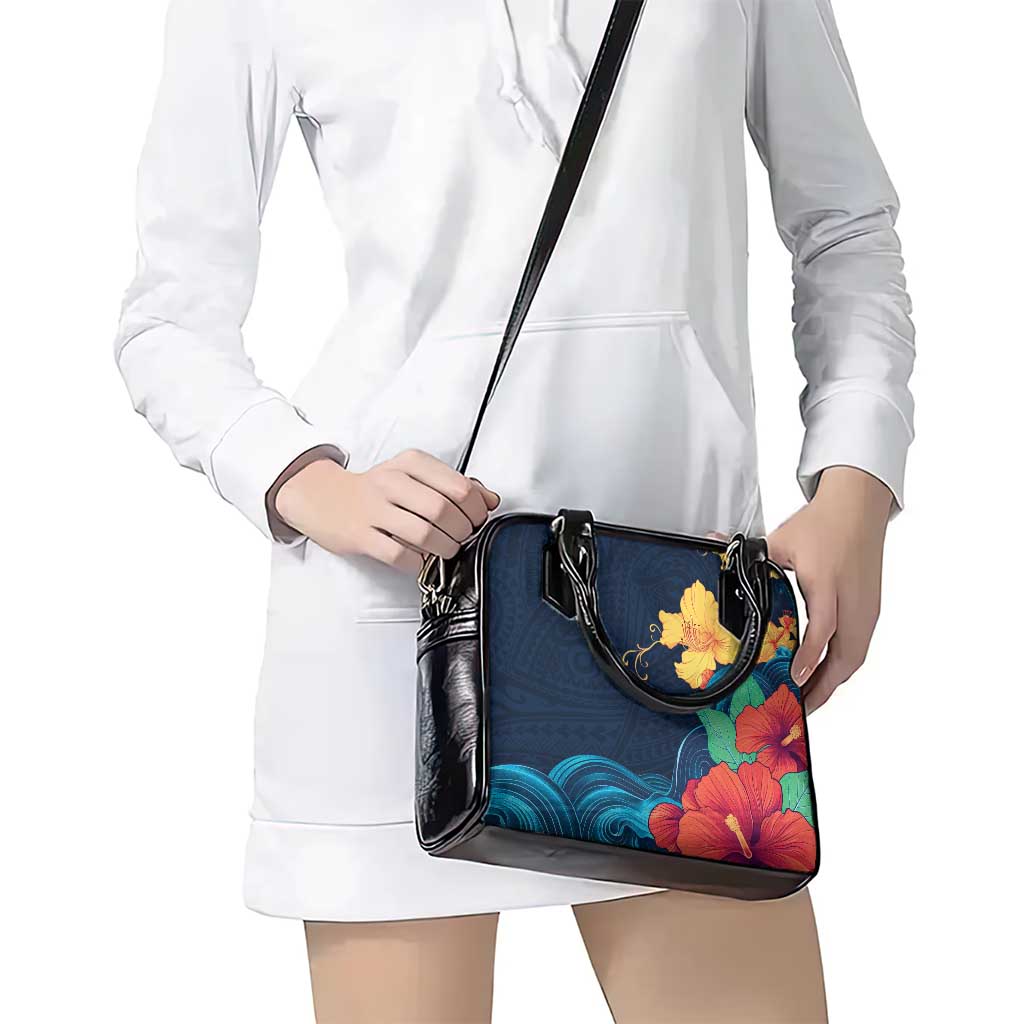 Polynesian Hibiscus Flower Waves Pattern Shoulder Handbag