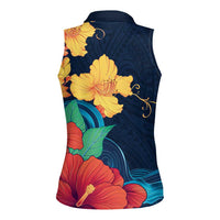 Polynesian Hibiscus Flower Waves Pattern Women Sleeveless Polo Shirt