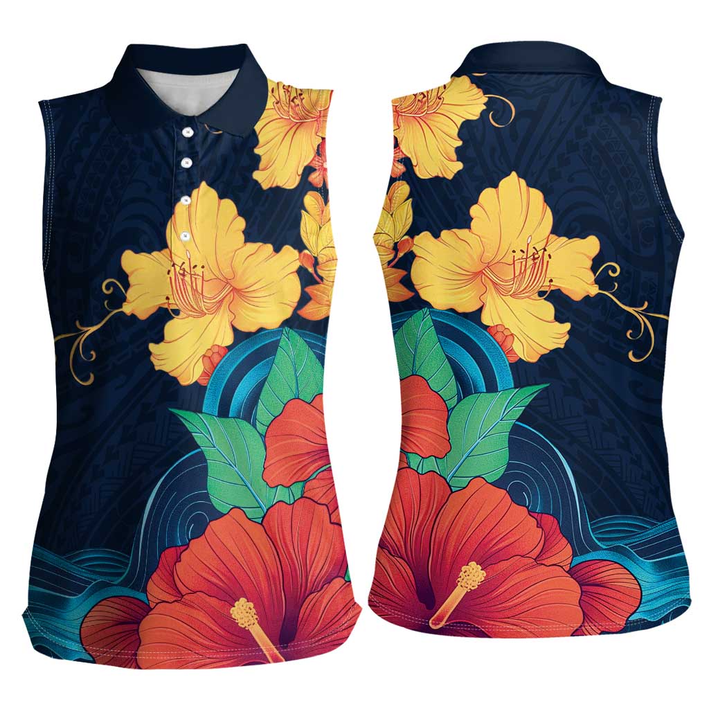 Polynesian Hibiscus Flower Waves Pattern Women Sleeveless Polo Shirt