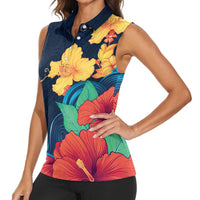 Polynesian Hibiscus Flower Waves Pattern Women Sleeveless Polo Shirt