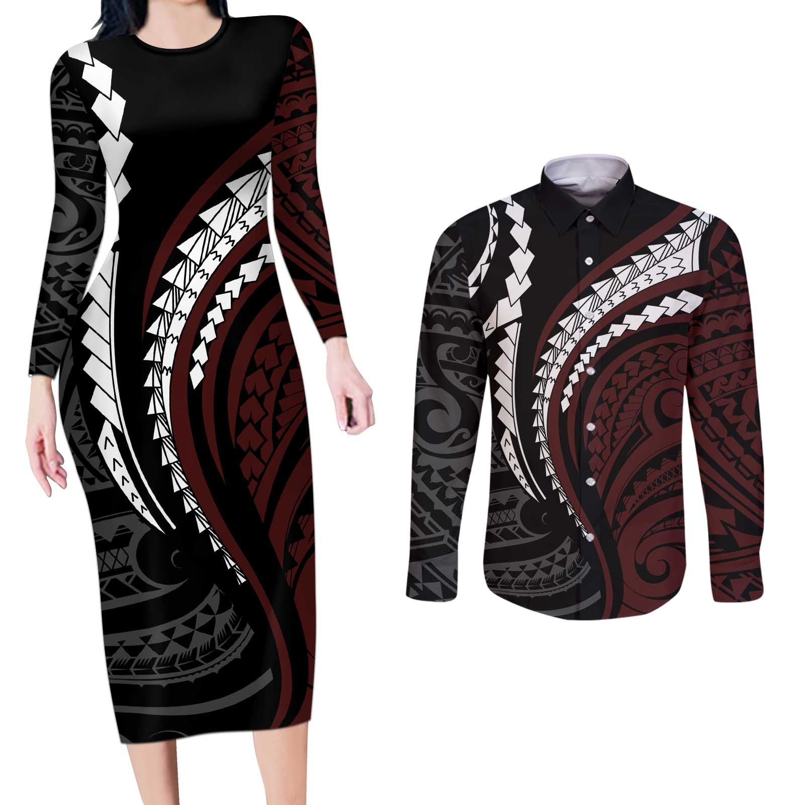 Polynesian Oxblood Line Art Tribal Tattoo Couples Matching Long Sleeve Bodycon Dress and Long Sleeve Button Shirt