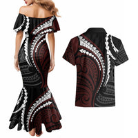 Polynesian Oxblood Line Art Tribal Tattoo Couples Matching Mermaid Dress and Hawaiian Shirt LT9 - Polynesian Pride