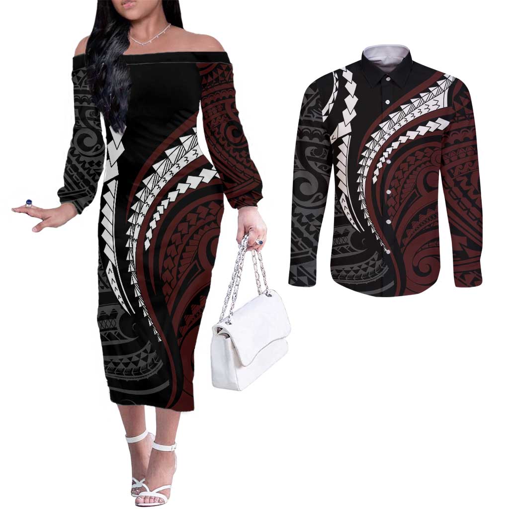 Polynesian Oxblood Line Art Tribal Tattoo Couples Matching Off The Shoulder Long Sleeve Dress and Long Sleeve Button Shirt