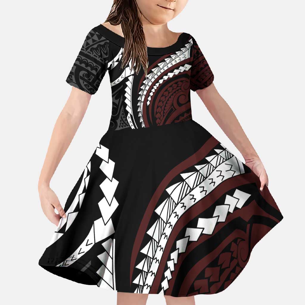 Polynesian Oxblood Line Art Tribal Tattoo Family Matching Long Sleeve Bodycon Dress and Hawaiian Shirt LT9 Daughter's Dress Beige - Polynesian Pride