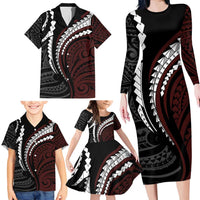 Polynesian Oxblood Line Art Tribal Tattoo Family Matching Long Sleeve Bodycon Dress and Hawaiian Shirt LT9 - Polynesian Pride