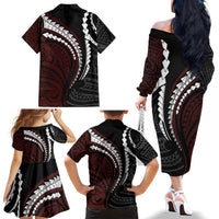 Polynesian Oxblood Line Art Tribal Tattoo Family Matching Off The Shoulder Long Sleeve Dress and Hawaiian Shirt LT9 - Polynesian Pride