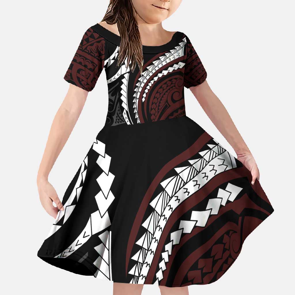 Polynesian Oxblood Line Art Tribal Tattoo Family Matching Off Shoulder Maxi Dress and Hawaiian Shirt LT9 Daughter's Dress Beige - Polynesian Pride