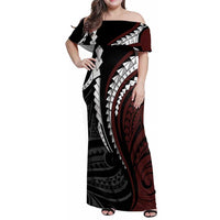 Polynesian Oxblood Line Art Tribal Tattoo Family Matching Off Shoulder Maxi Dress and Hawaiian Shirt LT9 Mom's Dress Beige - Polynesian Pride