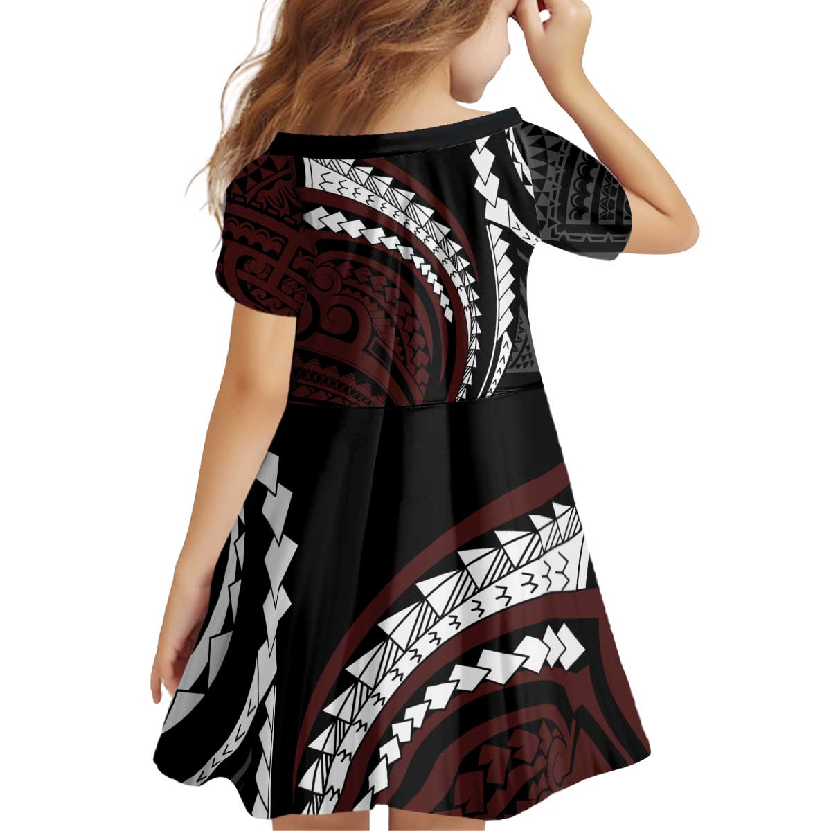 Polynesian Oxblood Line Art Tribal Tattoo Family Matching Off Shoulder Short Dress and Hawaiian Shirt LT9 - Polynesian Pride
