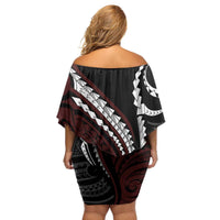 Polynesian Oxblood Line Art Tribal Tattoo Family Matching Off Shoulder Short Dress and Hawaiian Shirt LT9 - Polynesian Pride