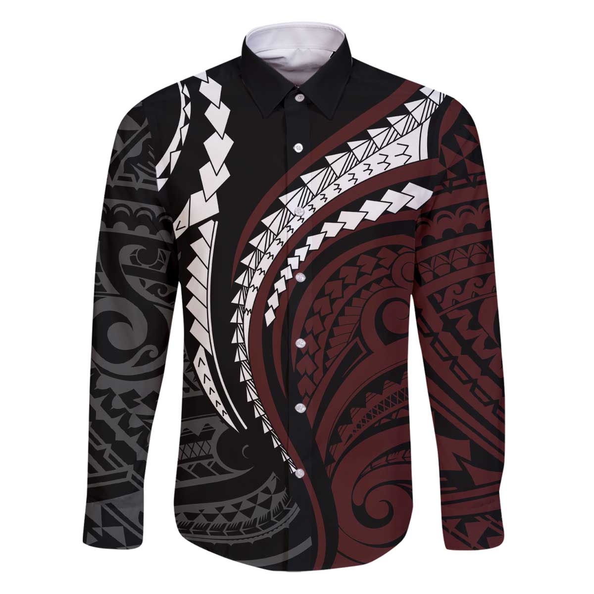 Polynesian Oxblood Line Art Tribal Tattoo Family Matching Puletasi and Hawaiian Shirt LT9 Dad's Shirt - Long Sleeve Beige - Polynesian Pride