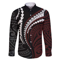 Polynesian Oxblood Line Art Tribal Tattoo Family Matching Puletasi and Hawaiian Shirt LT9 Dad's Shirt - Long Sleeve Beige - Polynesian Pride