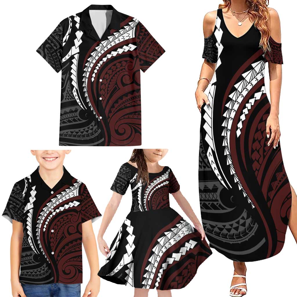 Polynesian Oxblood Line Art Tribal Tattoo Family Matching Summer Maxi Dress and Hawaiian Shirt LT9 - Polynesian Pride