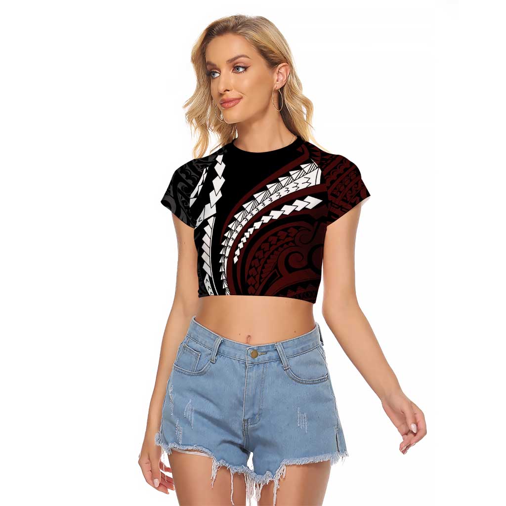 Polynesian Oxblood Line Art Tribal Tattoo Raglan Cropped T Shirt