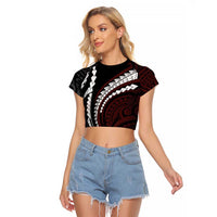 Polynesian Oxblood Line Art Tribal Tattoo Raglan Cropped T Shirt