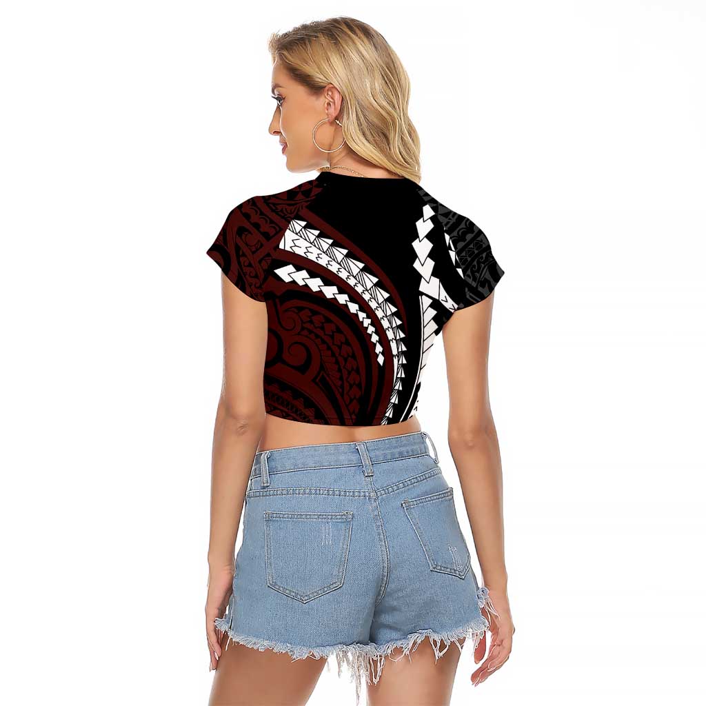 Polynesian Oxblood Line Art Tribal Tattoo Raglan Cropped T Shirt