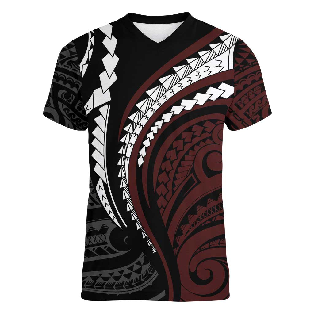 Polynesian Oxblood Line Art Tribal Tattoo Women V-Neck T-Shirt