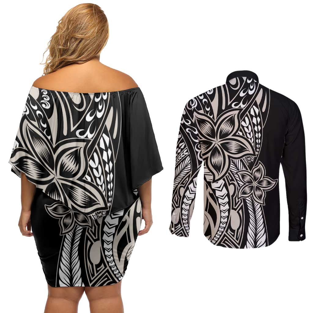 Polynesian Plumeria Floral Tattoo Pattern Couples Matching Off Shoulder Short Dress and Long Sleeve Button Shirt Beige Style