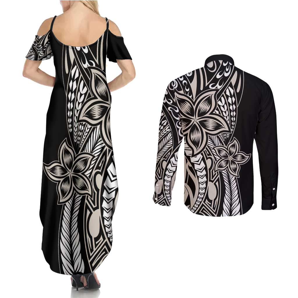 Polynesian Plumeria Floral Tattoo Pattern Couples Matching Summer Maxi Dress and Long Sleeve Button Shirt Beige Style